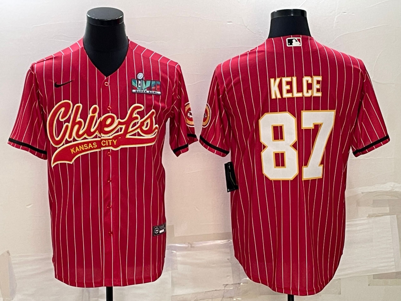 Men's Kansas City Chiefs #87 Travis Kelce Red With Super Bowl LVII Patch Cool Base Stitched Baseball Jersey