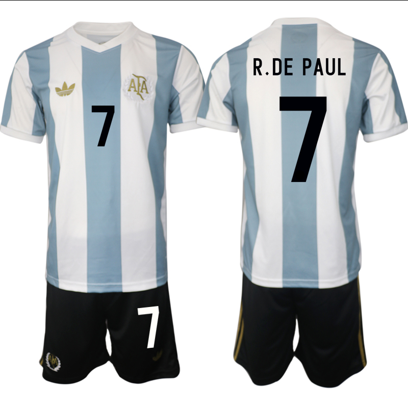 Men's Argentina #7 Rodrigo Javier De Paul White/Blue 2024-25 50th Anniversary Home Soccer Jersey Suit