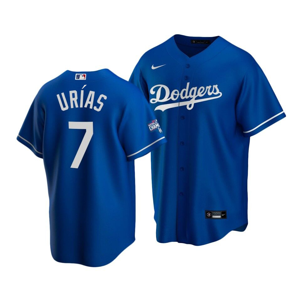 Men's Los Angeles Dodgers #7 Julio Urias Blue 2020 World Series Champions Home Patch Cool Base Stitched MLB Jersey