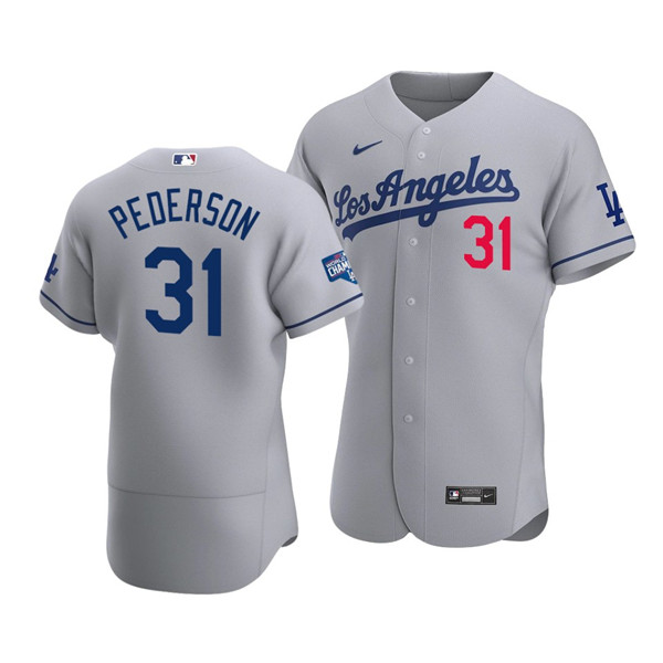 Men's Los Angeles Dodgers #31 Joc Pederson Grey 2020 World Series Champions Patch Flex Base Stitched MLB Jersey