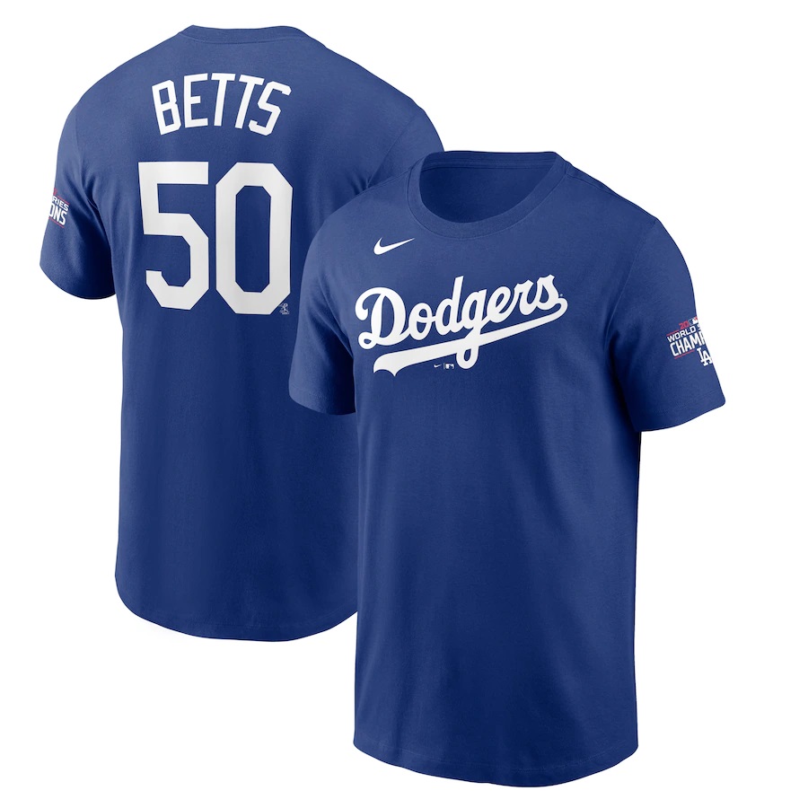 Men's Los Angeles Dodgers #50 Mookie Betts Blue 2020 World Series Champions T-Shirt