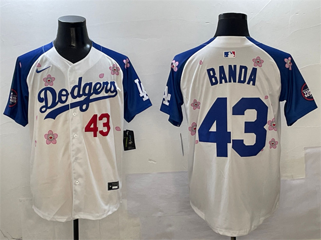 Men's Los Angeles Dodgers #43 Anthony Banda White/Royal 2025 Tokyo Series Limited Stitched Baseball Jersey Men's Los Angeles Dodgers #43 Anthony Banda White/Royal 2025 Tokyo Series Limited Stitched Baseball Jersey