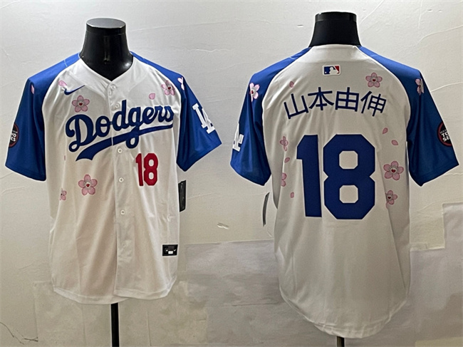 Men's Los Angeles Dodgers #18 山本由伸 White/Royal 2025 Tokyo Series Limited Stitched Baseball Jersey