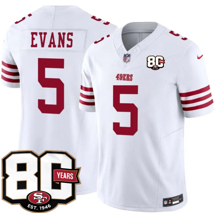 Men's San Francisco 49ers #5 Mike Evans White 80th Anniversary Patch 2026 F.U.S.E. Vapor Untouchable Limited Stitched Football Jersey