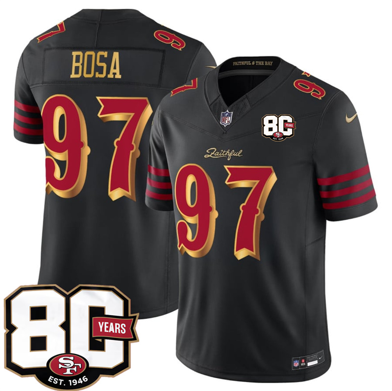 Men's San Francisco 49ers #97 Nick Bosa Black 80th Anniversary Patch “Rivalries” 2026 F.U.S.E. Vapor Untouchabl Limited Stitched Football Jersey