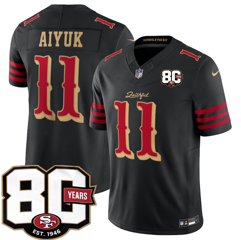 Men's San Francisco 49ers #11 Brandon Aiyuk Black 80th Anniversary Patch “Rivalries” 2026 F.U.S.E. Vapor Untouchabl Limited Stitched Football Jersey