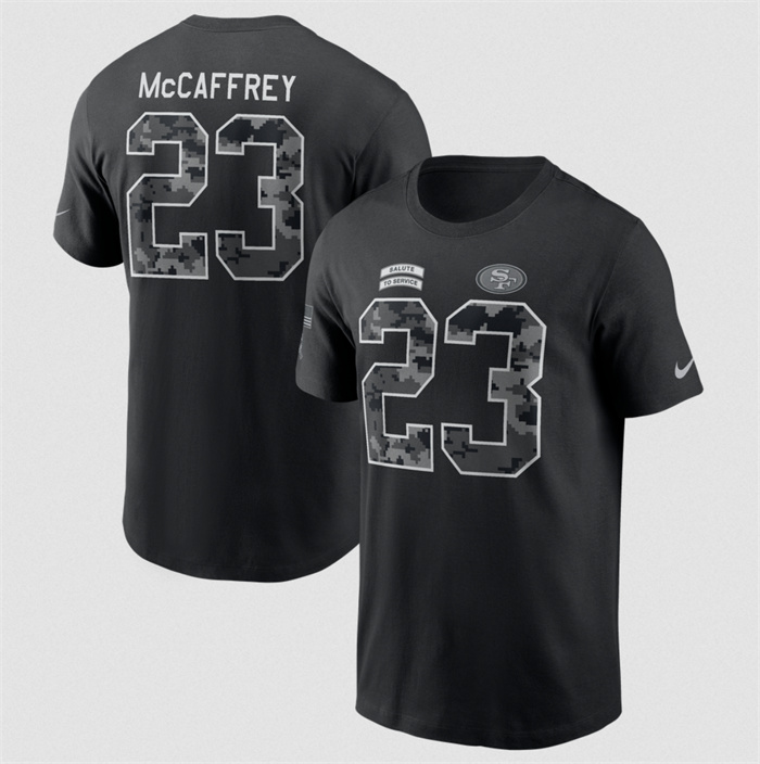 Men's San Francisco 49ers #23 Christian McCaffrey Black 2026 Salute to Service Name & Number T-Shirt