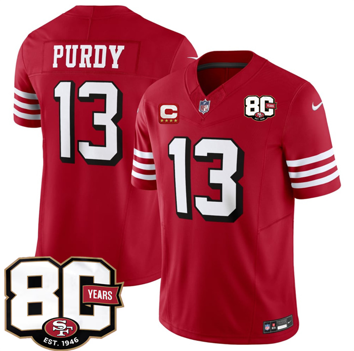 Men's San Francisco 49ers #13 Brock Purdy New Red 2026 F.U.S.E. With 80th Anniversary & 4-Star C Patch Vapor Untouchabl Limited Stitched Football Jersey