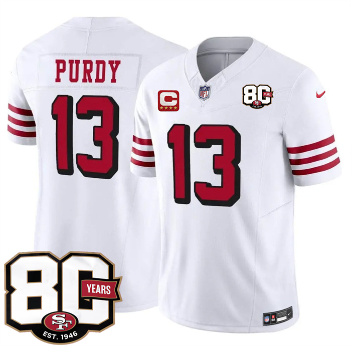 Men's San Francisco 49ers #13 Brock Purdy New White 2026 F.U.S.E. With 80th Anniversary & 4-Star C Patch Vapor Untouchabl Limited Stitched Football Jersey