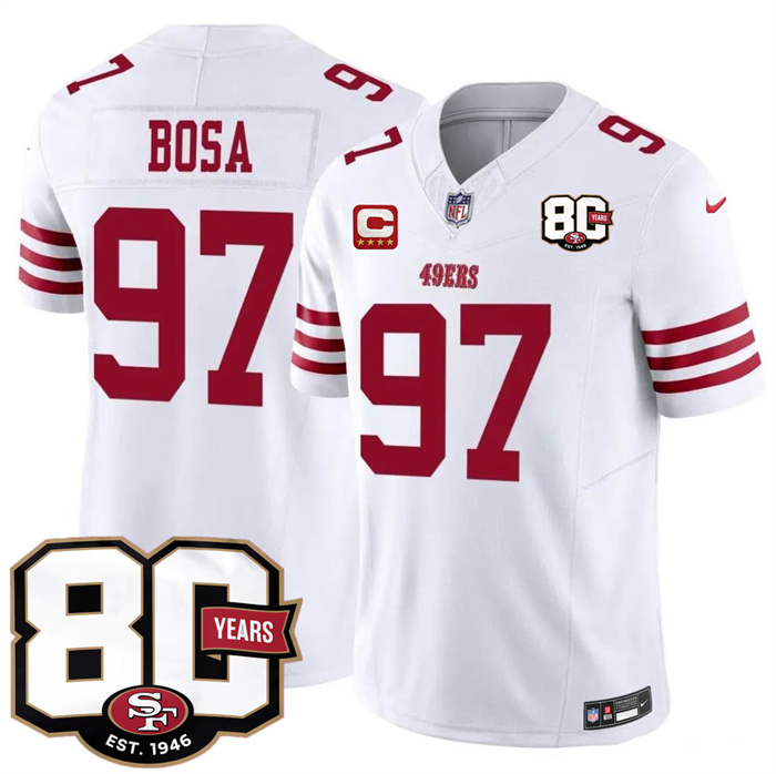 Men's San Francisco 49ers #97 Nick Bosa White 2026 F.U.S.E. With 80th Anniversary & 4-Star C Patch Vapor Untouchabl Limited Stitched Football Jersey