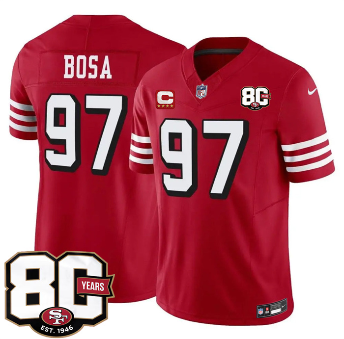 Men's San Francisco 49ers #97 Nick Bosa New Red 2026 F.U.S.E. With 80th Anniversary & 4-Star C Patch Vapor Untouchabl Limited Stitched Football Jersey