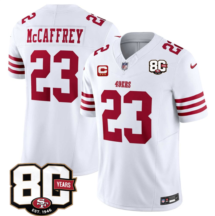 Men's San Francisco 49ers #23 Christian McCaffrey White 2026 F.U.S.E. With 80th Anniversary & 4-Star C Patch Vapor Untouchabl Limited Stitched Football Jersey