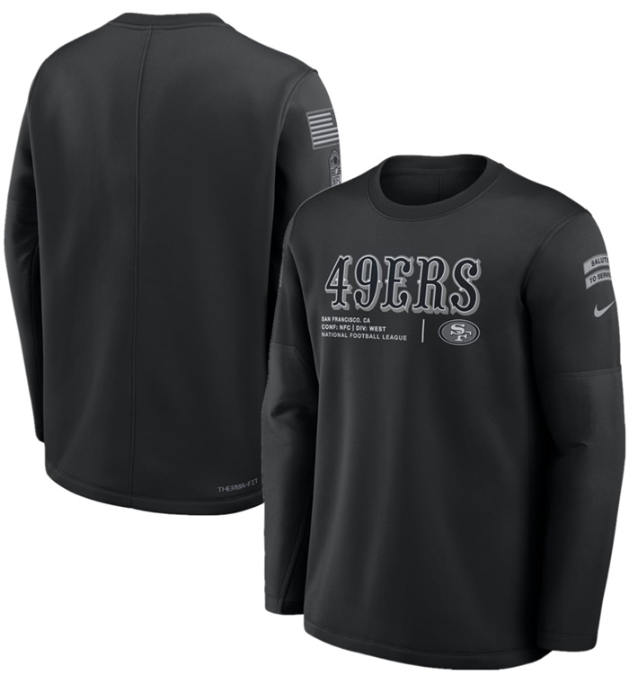 Men's San Francisco 49ers Black 2026 Salute to Service Sideline Coaches Crewneck Therma-FIT Sweatshirt
