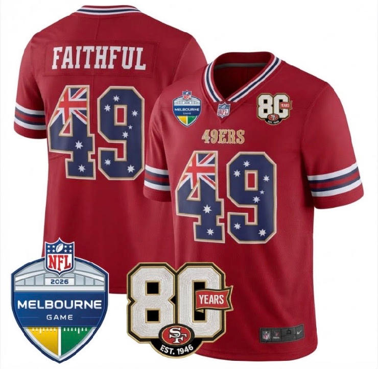 Women's San Francisco 49ers Customized Red 80th Anniversary And Melbourne Game Patch Stitched Football Jersey(Run Small)