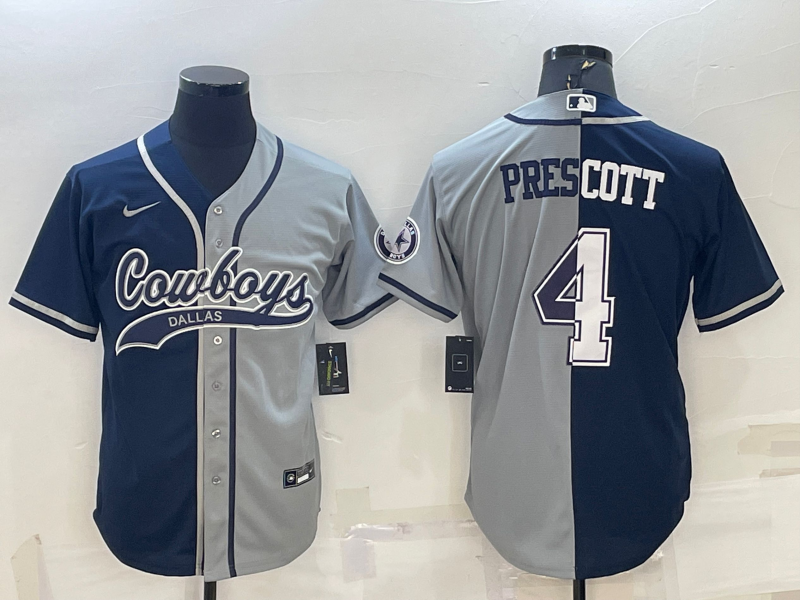 Men's Dallas Cowboys #4 Dak Prescott Navy/Grey Split With Patch Cool Base Stitched Baseball Jersey