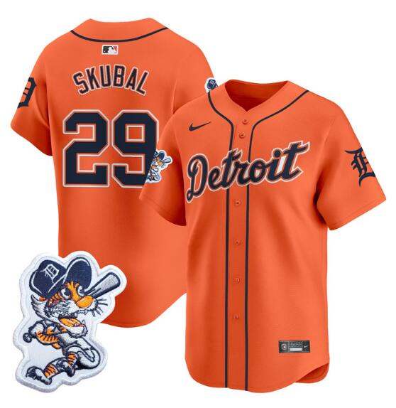 Men's Detroit Tigers #29 Tarik Skubal Orange With Patch Vapor Premier Limited Stitched Baseball Jersey Men's Detroit Tigers #29 Tarik Skubal Orange With Patch Vapor Premier Limited Stitched Baseball Jersey