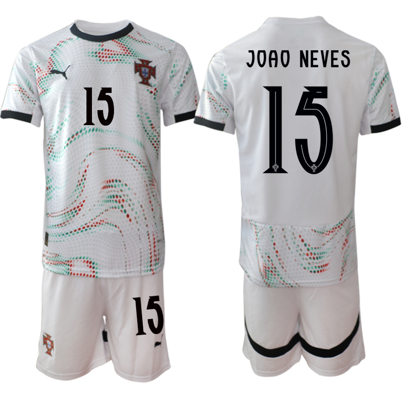 Men's Portugal Team #15 João Neves 2025 White Away Soccer Jersey Suit