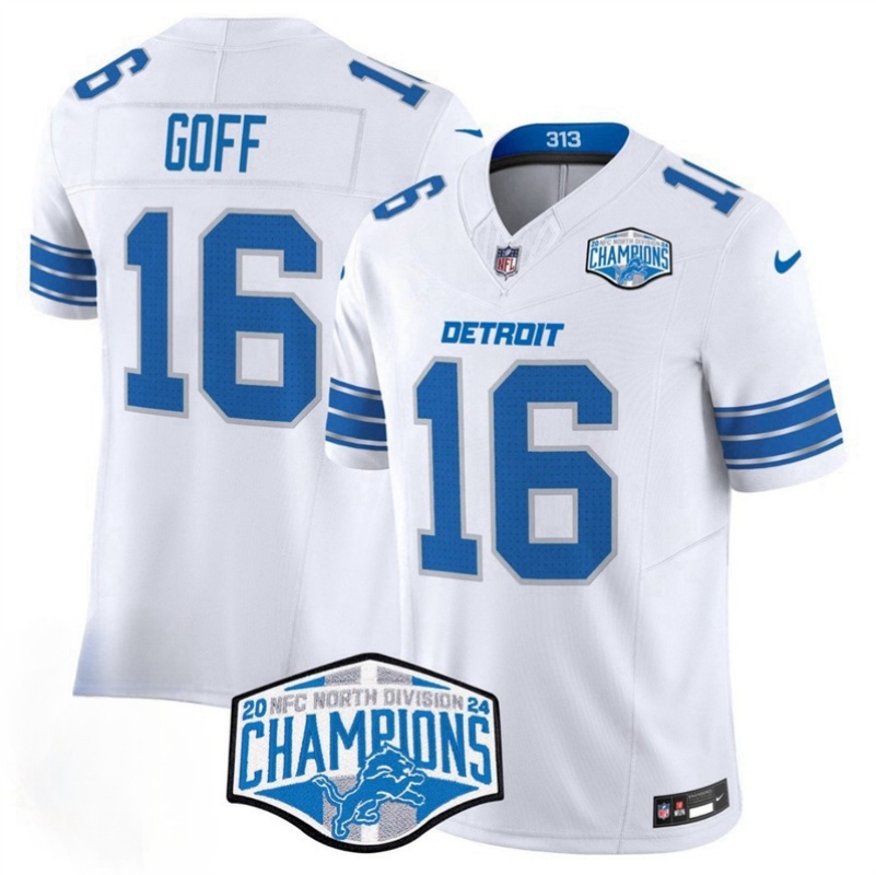 Men's Detroit Lions #16 Jared Goff White 2024 NFC North Champions F.U.S.E. Vapor Limited Stitched Jersey