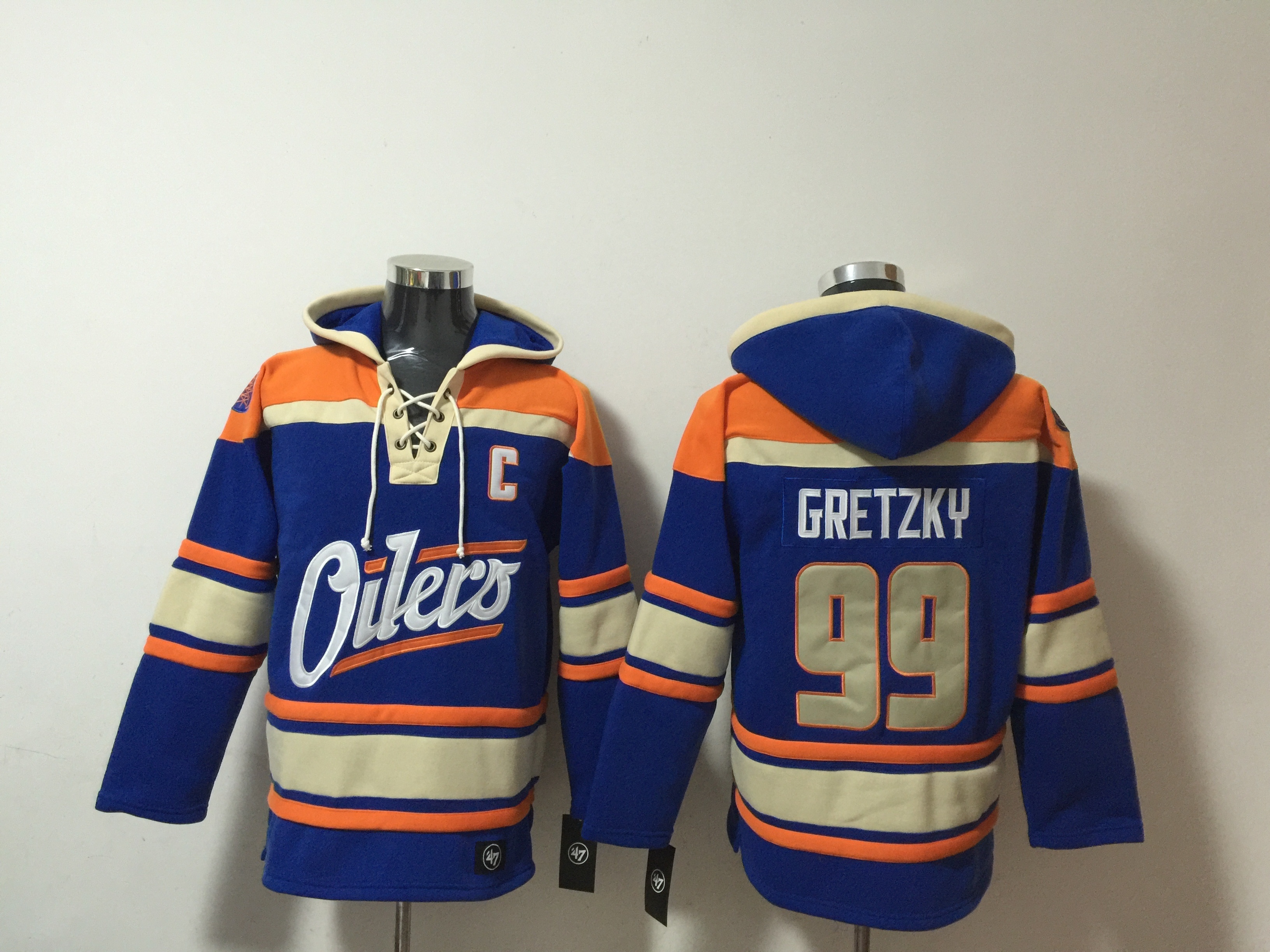 Men's Edmonton Oilers #99 Wayne Gretzky Blue Lace-Up Pullover Hoodie