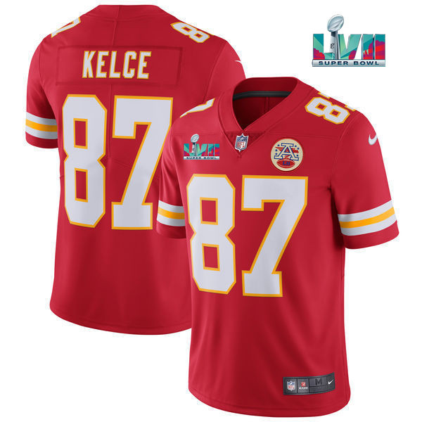 Men’s Kansas City Chiefs #87 Travis Kelce Red Super Bowl LVII Patch Vapor Untouchable Limited Stitched Jersey Men’s Kansas City Chiefs #87 Travis Kelce Red Super Bowl LVII Patch Vapor Untouchable Limited Stitched Jersey