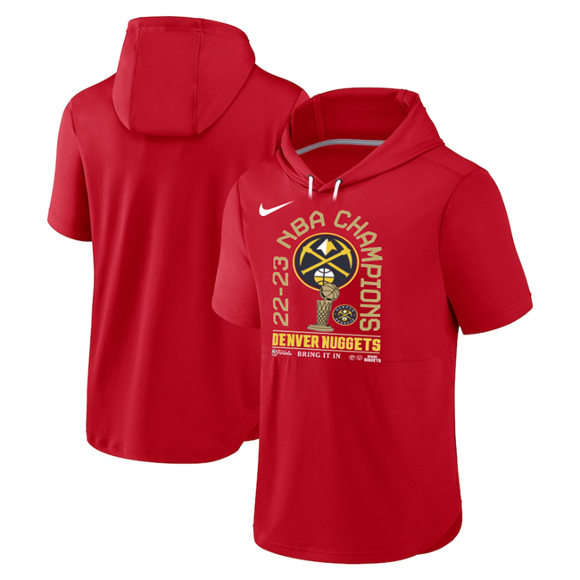 Men's Denver Nuggets Red 2022-23 Champions Performance Short Sleeve Pullover Hoodie Men's Denver Nuggets Red 2022-23 Champions Performance Short Sleeve Pullover Hoodie