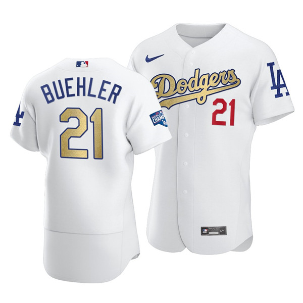 Men's Los Angeles Dodgers #21 Walker Buehler White Gold 2021 World Series Champions Patch Sttiched MLB Jersey