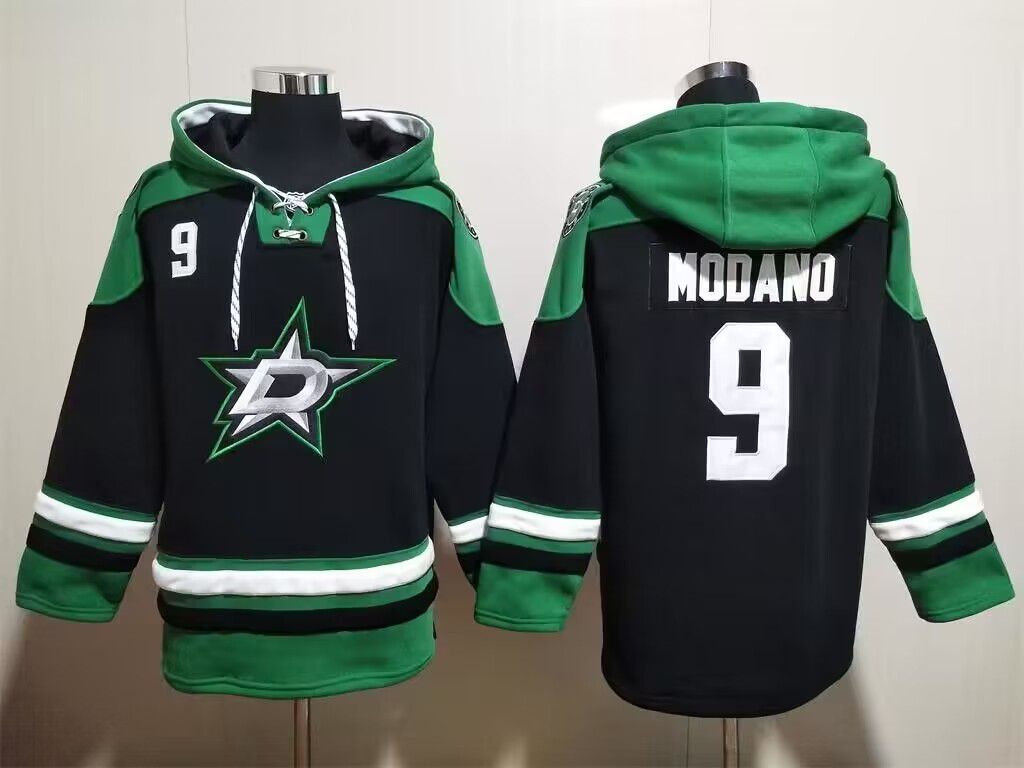 Men's Dallas Stars #9 Mike Modano Black Green Lace-Up Pullover Hoodie