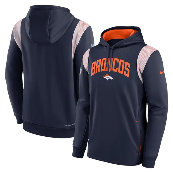 Men's Denver Broncos Navy Sideline Stack Performance Pullover Hoodie 001