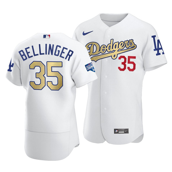 Men's Los Angeles Dodgers #35 Cody Bellinger White Gold 2021 World Series Champions Patch Sttiched MLB Jersey Men's Los Angeles Dodgers #35 Cody Bellinger White Gold 2021 World Series Champions Patch Sttiched MLB Jersey