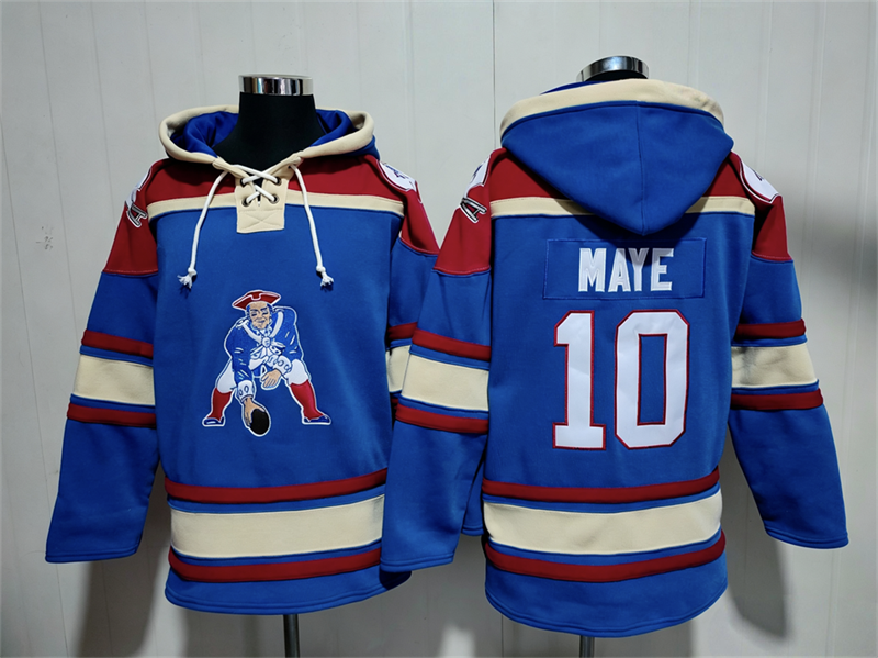 Men's New England Patriots #10 Drake Maye Blue Ageless Must-Have Lace-Up Pullover Hoodie