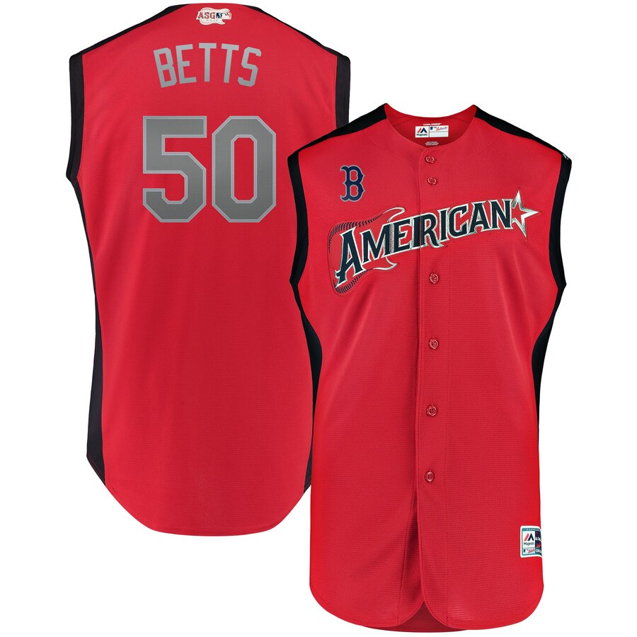 American League # 50 Mookie Betts Majestic 2019 MLB All-Star Game Workout Player Jersey Red American League # 50 Mookie Betts Majestic 2019 MLB All-Star Game Workout Player Jersey Red
