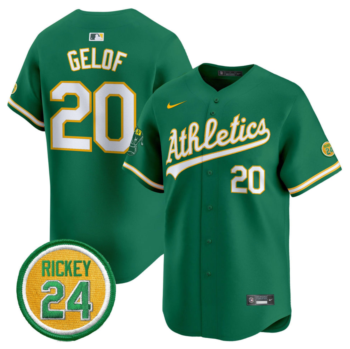 Men's Oakland Athletics #20 Zack Gelof Green 2024 Limited With Rickey Henderson Patch Stitched Jersey Men's Oakland Athletics #20 Zack Gelof Green 2024 Limited With Rickey Henderson Patch Stitched Jersey