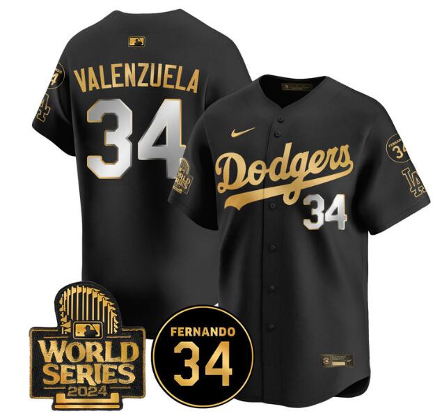 Men's Los Angeles Dodgers #34 Toro Valenzuela Black/Gold 2024 World Series With Fernando Memorial Patch Limited Stitched Baseball Jersey