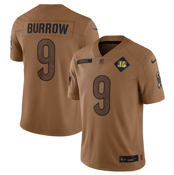 Men's Cincinnati Bengals #9 Joe Burrow 2023 Brown Salute To Service Limited Football Jersey