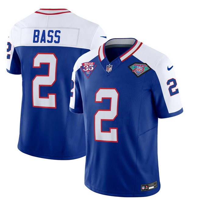 Men's Buffalo Bills #2 Tyler Bass Blue/White 2023 F.U.S.E. 75th Anniversary Throwback Vapor Untouchable Limited Stitched Jersey