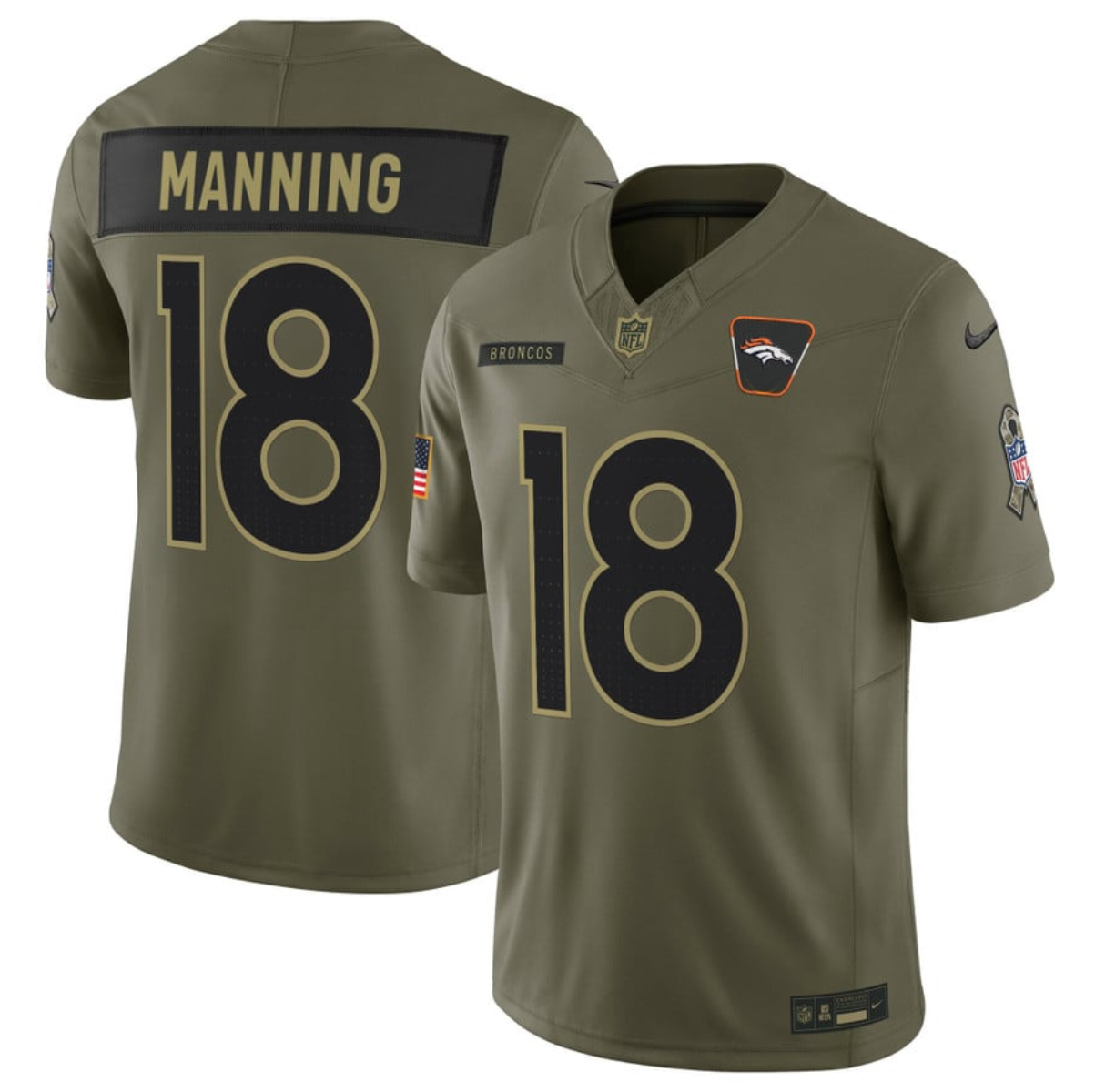 Men's Denver Broncos #18 Peyton Manning Olive 2025 F.U.S.E. Salute to Service Limited Stitched Football Jersey Men's Denver Broncos #18 Peyton Manning Olive 2025 F.U.S.E. Salute to Service Limited Stitched Football Jersey