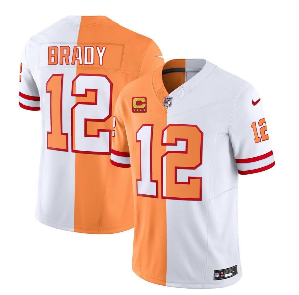 Men's Tampa Bay Buccaneers #12 Tom Brady 2023 F.U.S.E. White/Gold With 4-Star C Patch Split Throwback Limited Stitched Jersey