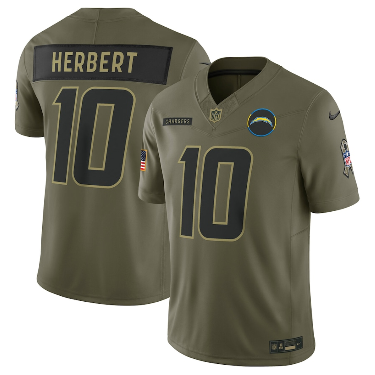 Men's Los Angeles Chargers #10 Justin Herbert Olive 2025 Salute to Service Limited Stitched Football Jersey