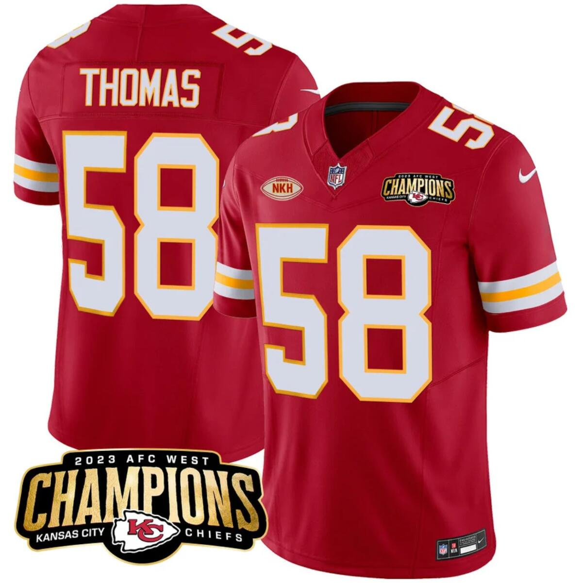 Men’s Kansas City Chiefs #58 Derrick Thomas Red 2023 F.U.S.E. AFC West Champions With "NKH" Patch Vapor Untouchable Limited Stitched Jersey