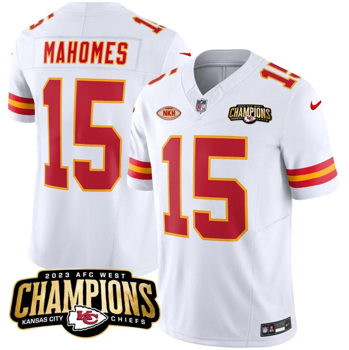 Men’s Kansas City Chiefs #15 Patrick Mahomes White 2023 F.U.S.E. AFC West Champions With "NKH" Patch Vapor Untouchable Limited Stitched Jersey