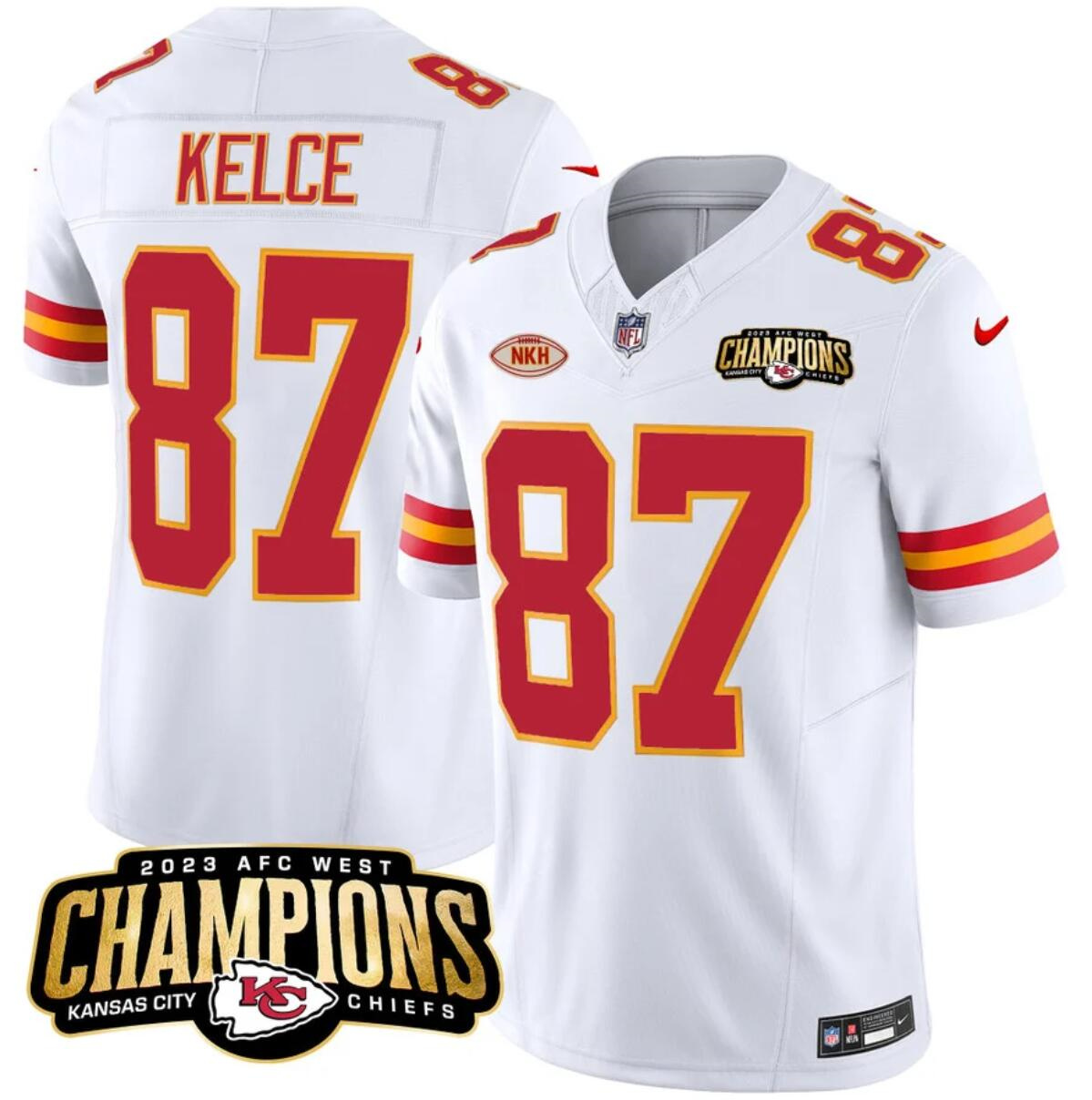 Men’s Kansas City Chiefs #87 Travis Kelce White 2023 F.U.S.E. AFC West Champions With "NKH" Patch Vapor Untouchable Limited Stitched Jersey