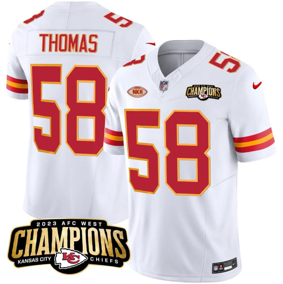 Men’s Kansas City Chiefs #58 Derrick Thomas White 2023 F.U.S.E. AFC West Champions With "NKH" Patch Vapor Untouchable Limited Stitched Jersey