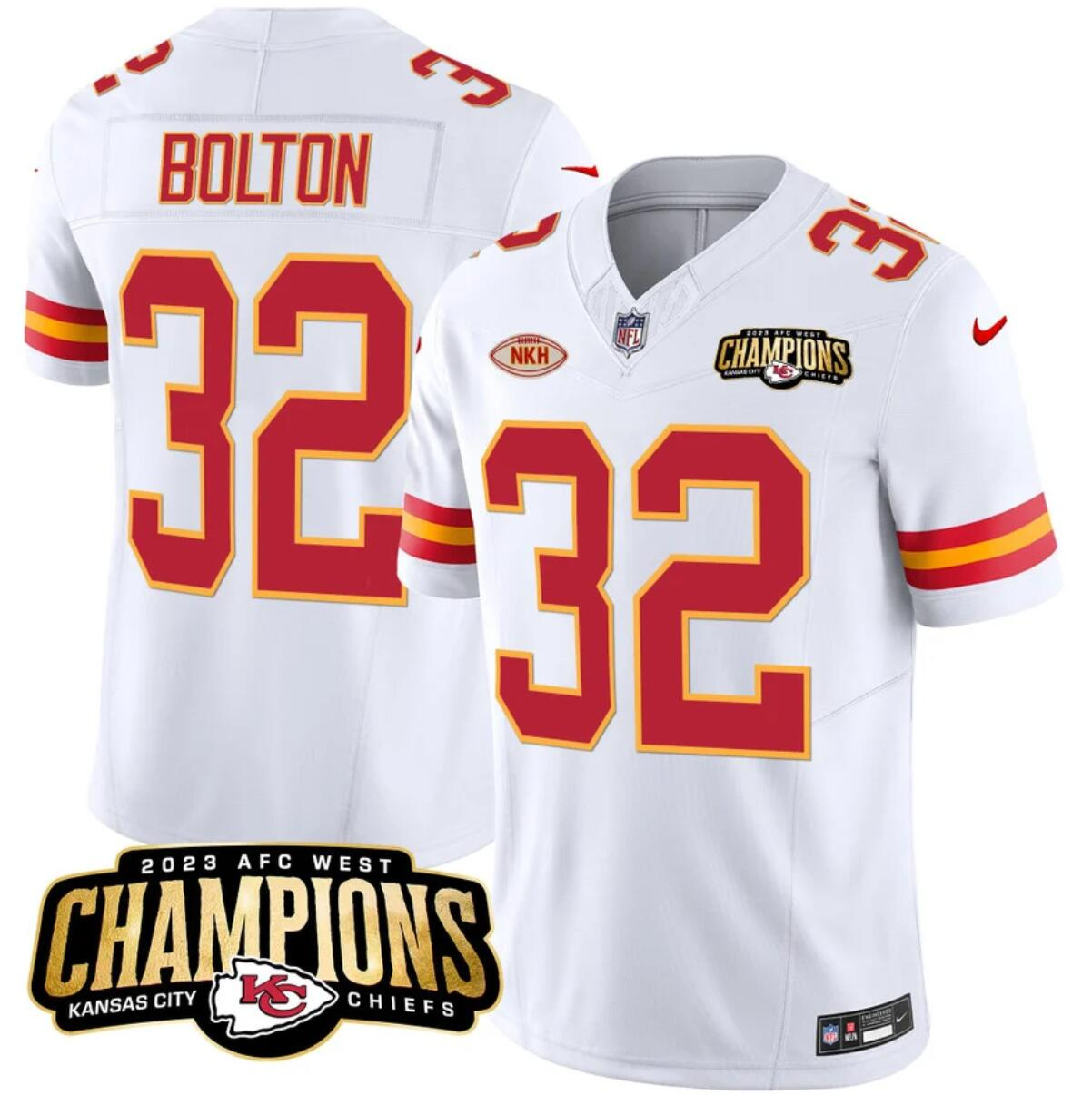 Men’s Kansas City Chiefs #32 Nick Bolton White 2023 F.U.S.E. AFC West Champions With "NKH" Patch Vapor Untouchable Limited Stitched Jersey