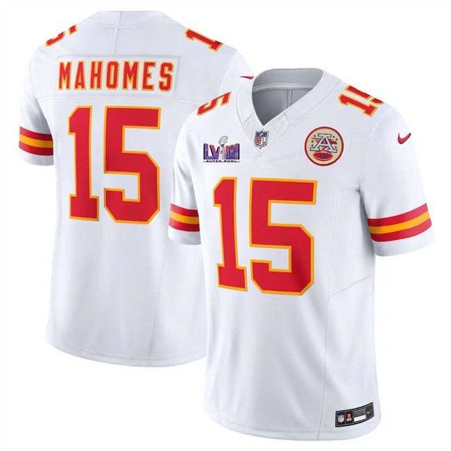 Men's Kansas City Chiefs #15 Patrick Mahomes White F.U.S.E. Super Bowl LVIII Patch Vapor Untouchable Limited Stitched Football Jersey