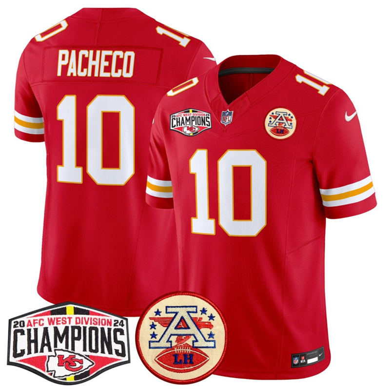 Men's Kansas City Chiefs #10 Isiah Pacheco Red F.U.S.E. 2024 AFC West Division Champions Vapor Limited Stitched Football Jersey Men's Kansas City Chiefs #10 Isiah Pacheco Red F.U.S.E. 2024 AFC West Division Champions Vapor Limited Stitched Football Jersey