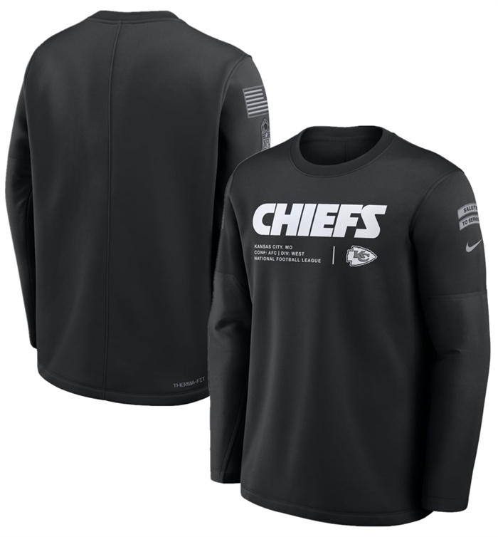 Men's Kansas City Chiefs Black 2026 Salute to Service Sideline Coaches Crewneck Therma-FIT Sweatshirt