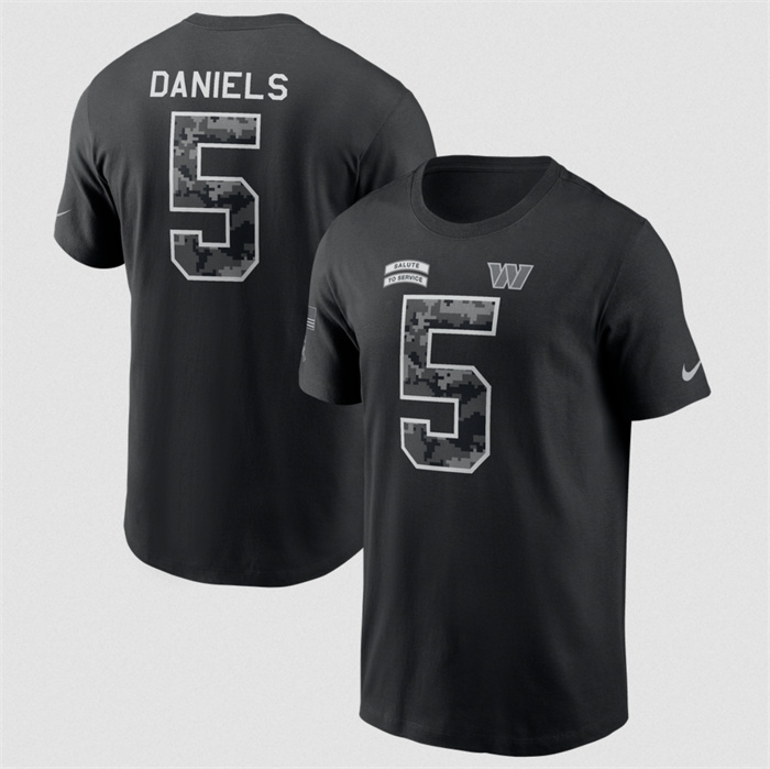 Men's Washington Commanders #5 Jayden Daniels Nike Black 2026 Salute to Service Name & Number T-Shirt
