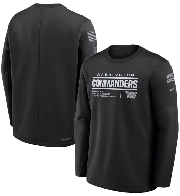 Men's Washington Commanders Black 2026 Salute to Service Sideline Coaches Crewneck Therma-FIT Sweatshirt