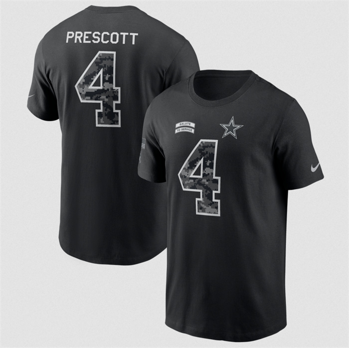 Men's Dallas Cowboys #4 Dak Prescott Black 2026 Salute to Service Name & Number T-Shirt