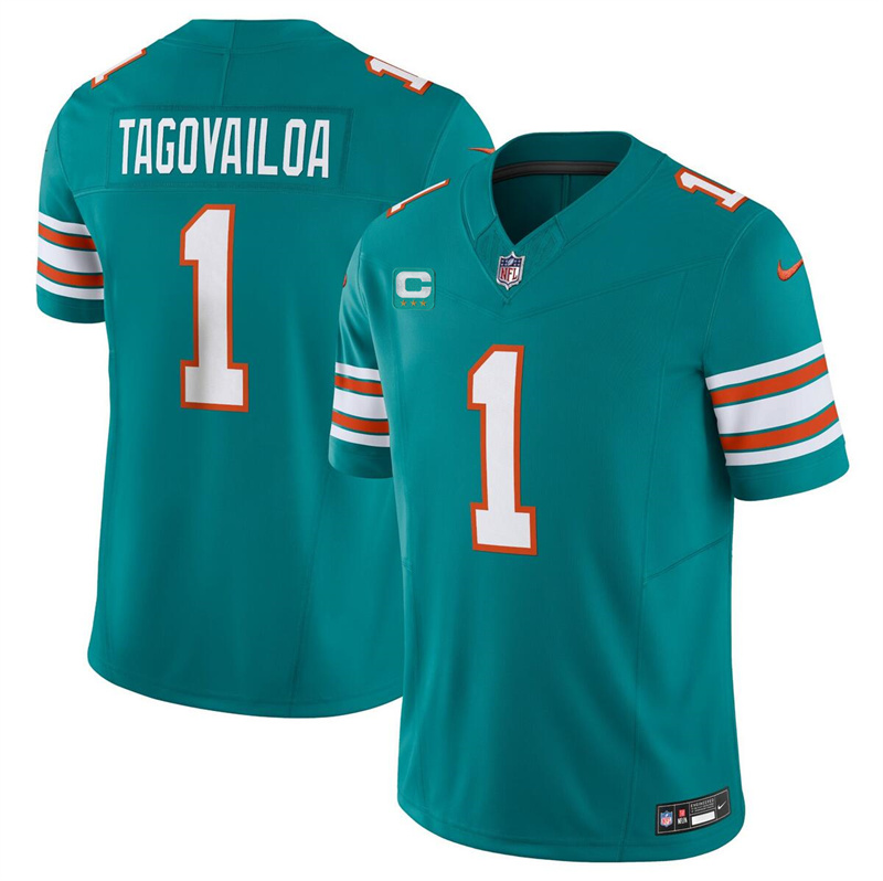 Men's Miami Dolphins #1 Tua Tagovailoa Aqua 2023 F.U.S.E Alternate With 3-Star C Patch Vapor Limited Stitched Football Jersey